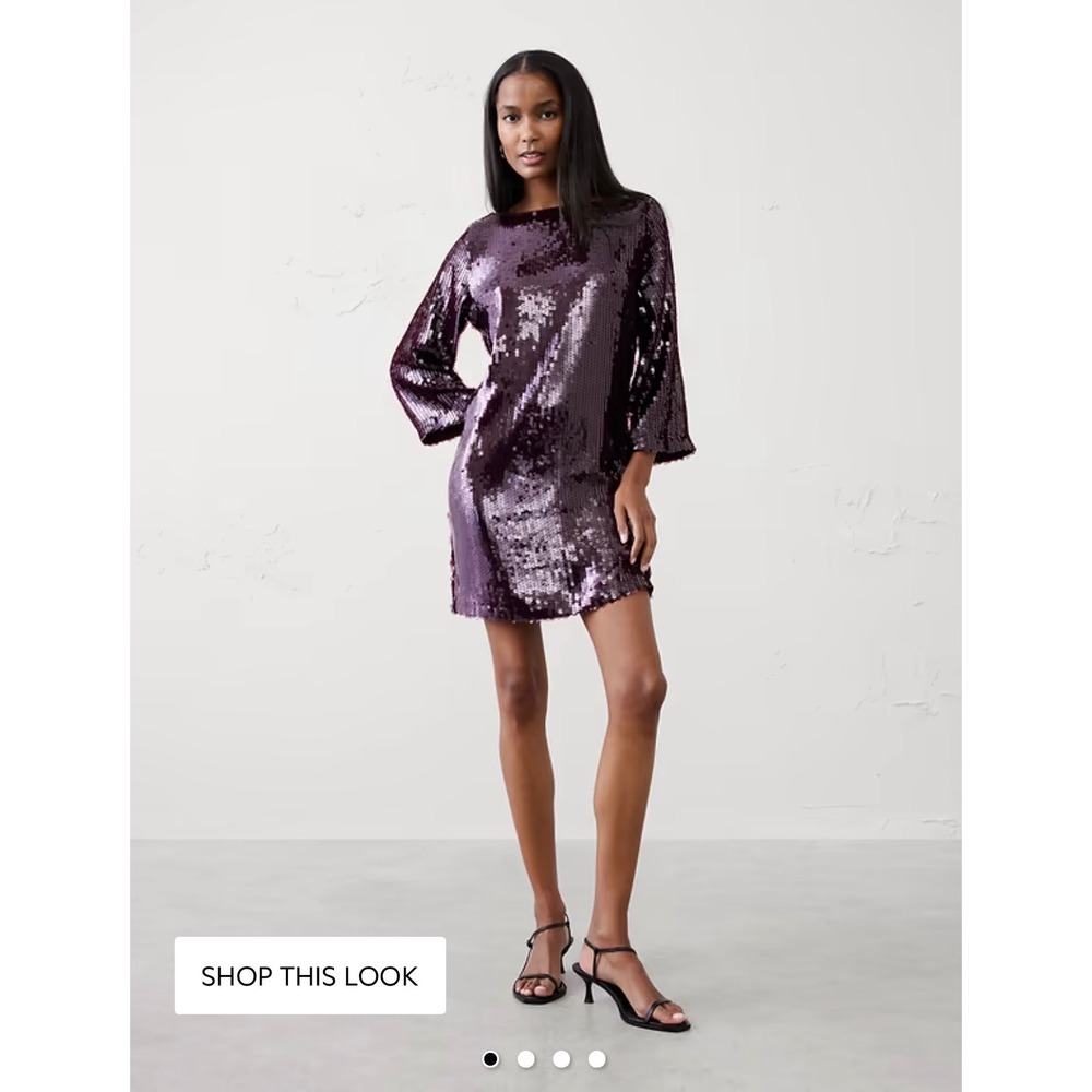 Banana Republic Factory Sequin Open-Back Mini Fit-and-Flare Dress Plum Purple XS